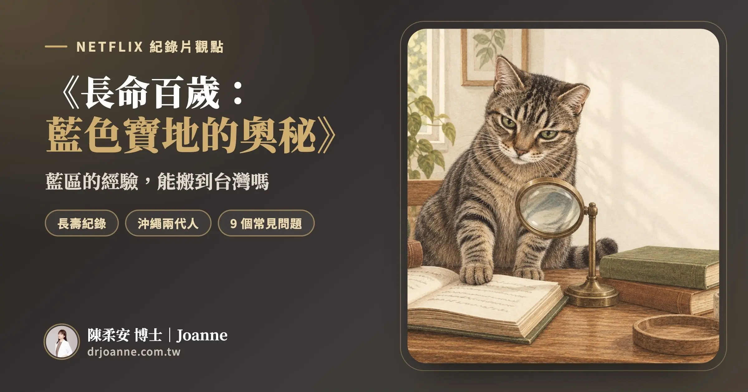 《長命百歲》藍區導讀精選圖，虎斑貓小三用放大鏡查看登記簿
