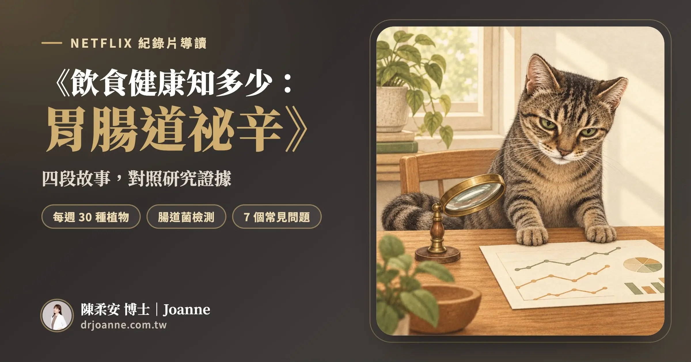 飲食健康知多少：胃腸道祕辛導讀滿版精選圖，虎斑貓小三將兩隻前爪放在桌上，旁有研究報告與放大鏡